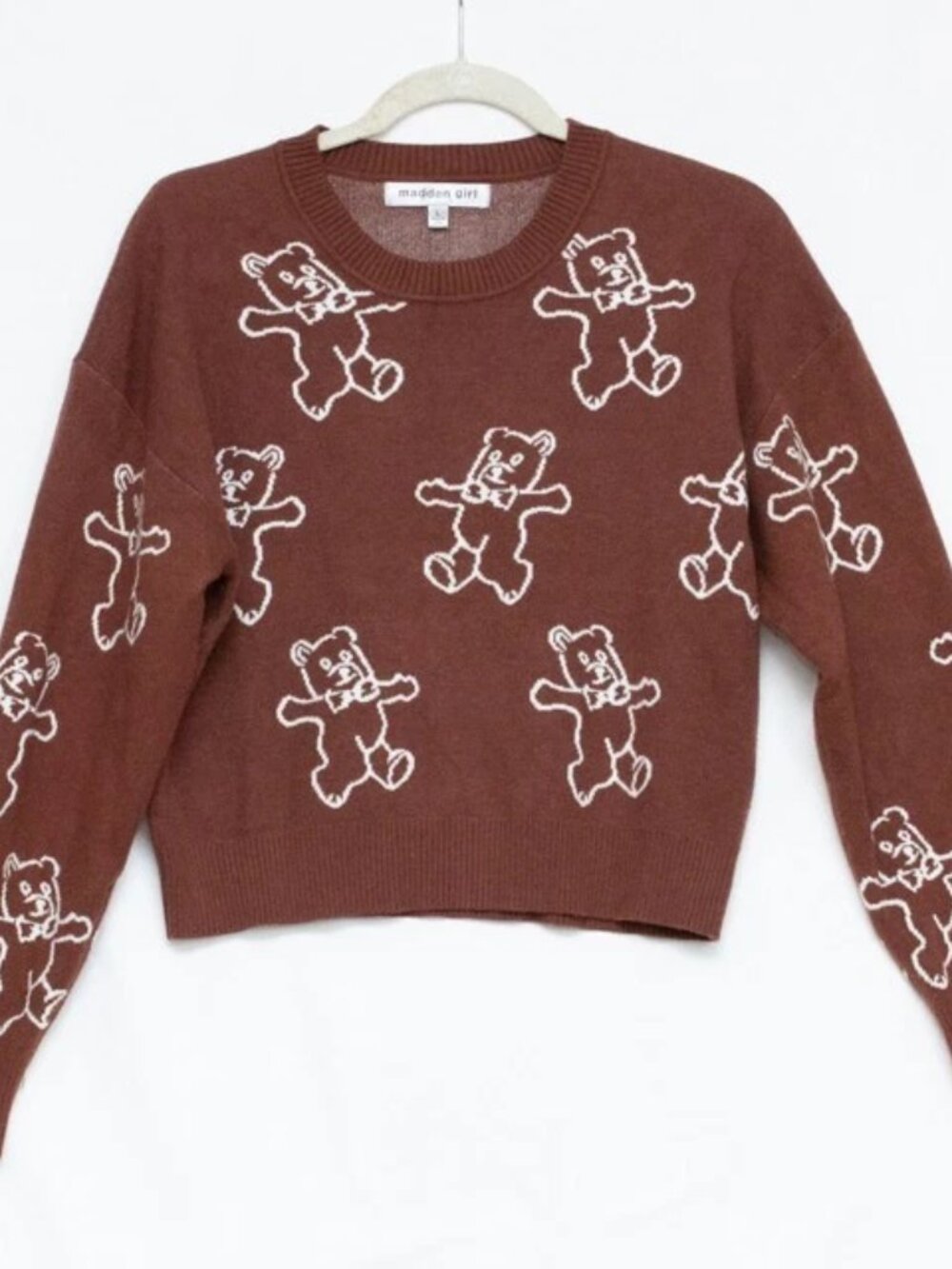 Madden Girl Long Sleeve Cute Teddy Bear Jacquard Print Short Brown Sweater  Sz L